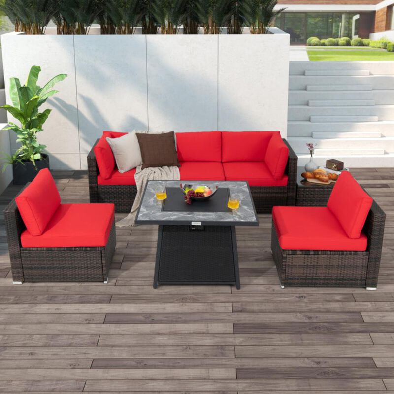 Hivvago 7 Pieces Patio Furniture Set with 35 Inches 50000 BTU Propane Gas Fire Pit Table and Waterproof Cover for Firpit