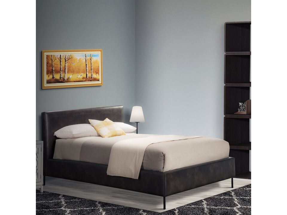 Faux Leather Upholstered Queen Bed with Metal Legs, Gray - Benzara