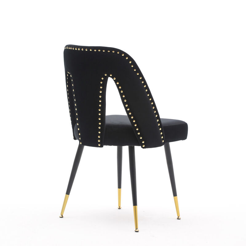 Modern Contemporary Velvet Upholstered Dining Chair with Nailheads and Gold Tipped Black Metal Legs, Black, Set of 2