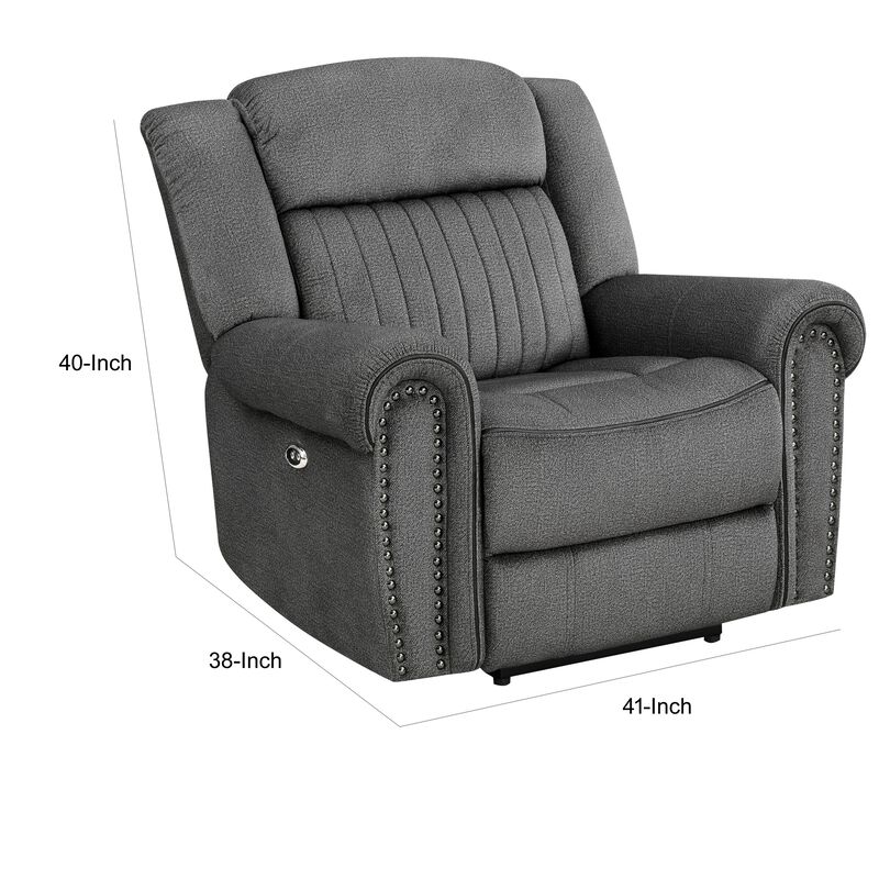 Ben 38 Inch Power Recliner Chair, Soft Cushions Gray Microfiber, Solid Wood - Benzara