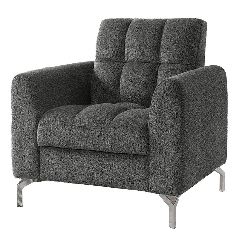 Lupe 35 Inch Chair, Biscuit Tufted, Chrome Legs, Gray Chenille Upholstery - Benzara