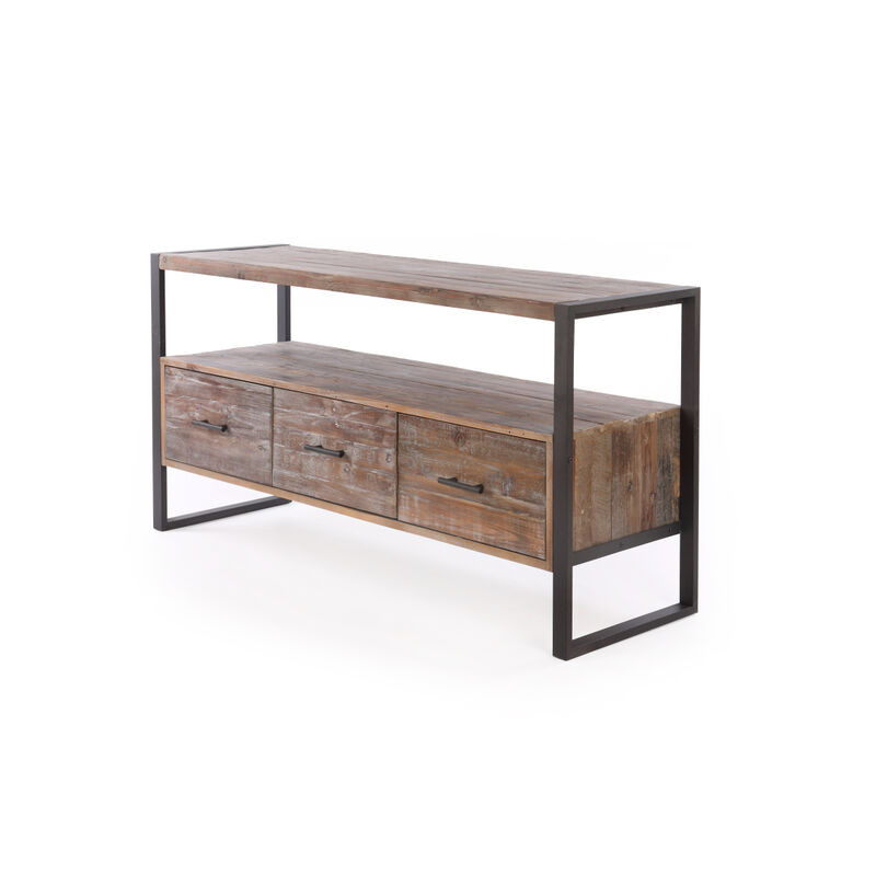 60 inch Reclaimed wood Media TV Console table with 3 Drawer, Open Shelf, finish