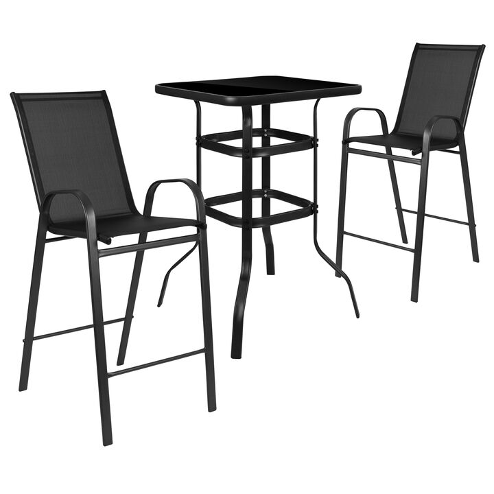 Flash Furniture Brazos Bar Table Set - 3 Piece Glass Brazos Bar Table with 2 Gray Patio Bar Stools - Brazos Outdoor Chairs