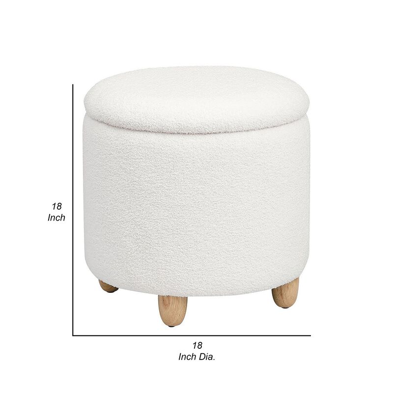 Aia 18 Inch Storage Ottoman, White Faux Sheepskin, Round Rubberwood Feet - Benzara