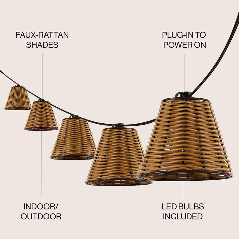 Payton 10-Light Indoor/Outdoor 10 ft. Classic Cottage Incandescent G40 Faux-Rattan Shaded String Lights, Brown