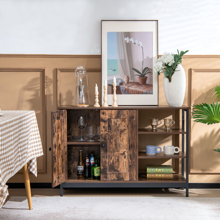 Industrial Kitchen Storage Cabinet with Open Shelves-Rustic Brown