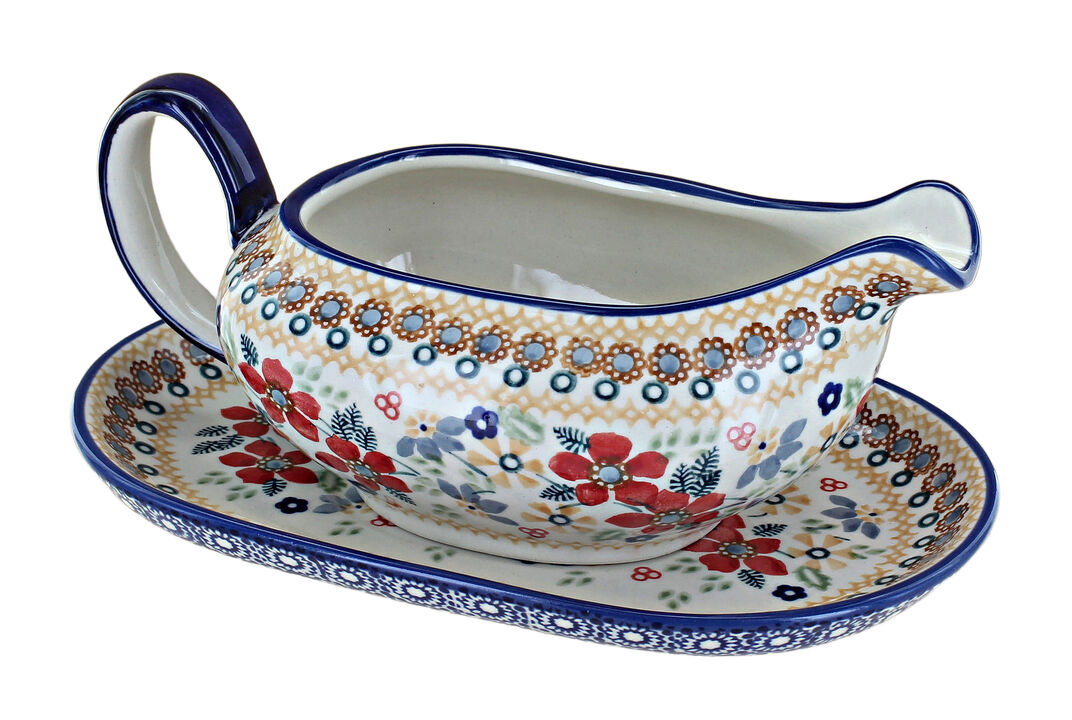 Blue Rose Polish Pottery Blue Butterfly Gravy Boat & Plate