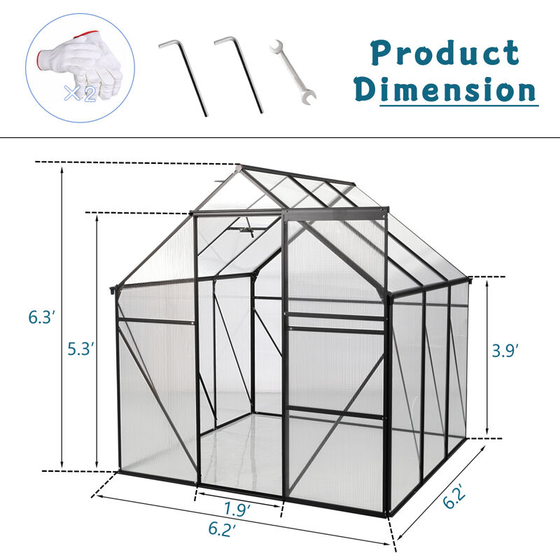 6X6FT-BLACK Polycarbonate Greenhouse Raised Base and Anchor Aluminum Heavy Duty Walk-in Greenhouses for Outdoor Backyard in All Season (W540S00002)