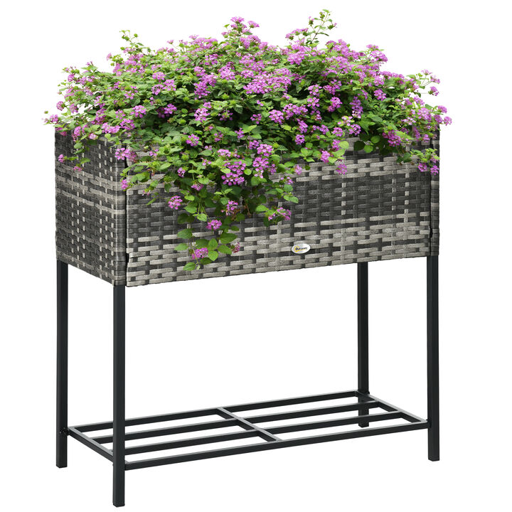 Outsunny Raised Garden Bed, Elevated Planter Box with Rattan Wicker Look, Tool Storage Shelf, Portable Design for Herbs, Vegetables, Flowers, Black