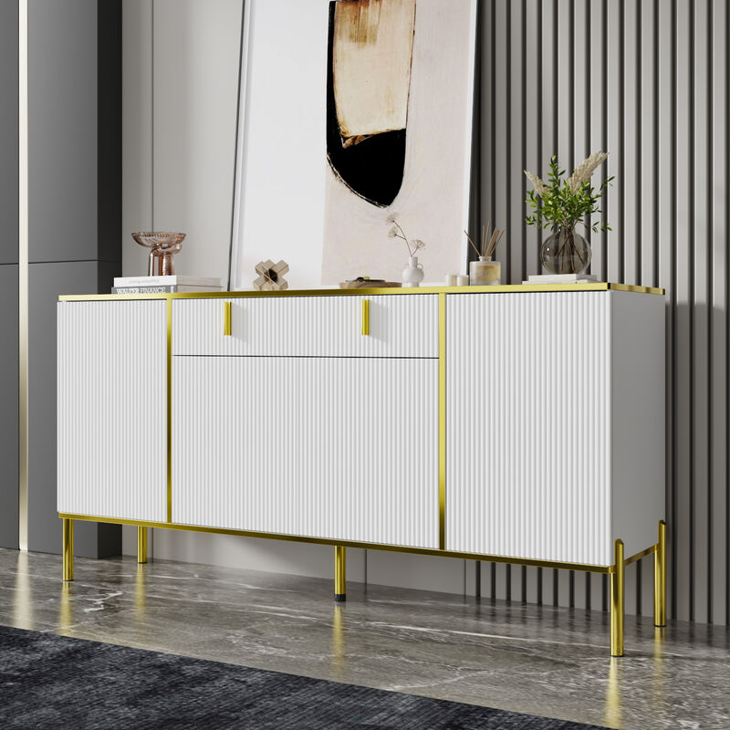 White Wavy Paint Finish Floor-Standing Sideboard Cupboard with 4-Doors 2-Drawers Adjustable Shelves