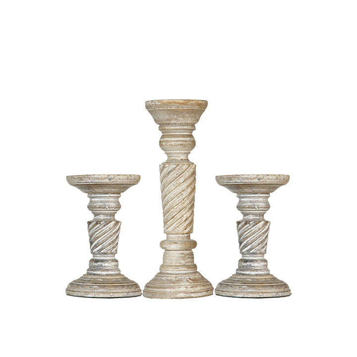 Traditional Antique White Eco-friendly Handmade Mango Wood Set Of Three 6",12" & 6" Pillar Candle Holder BBH Homes