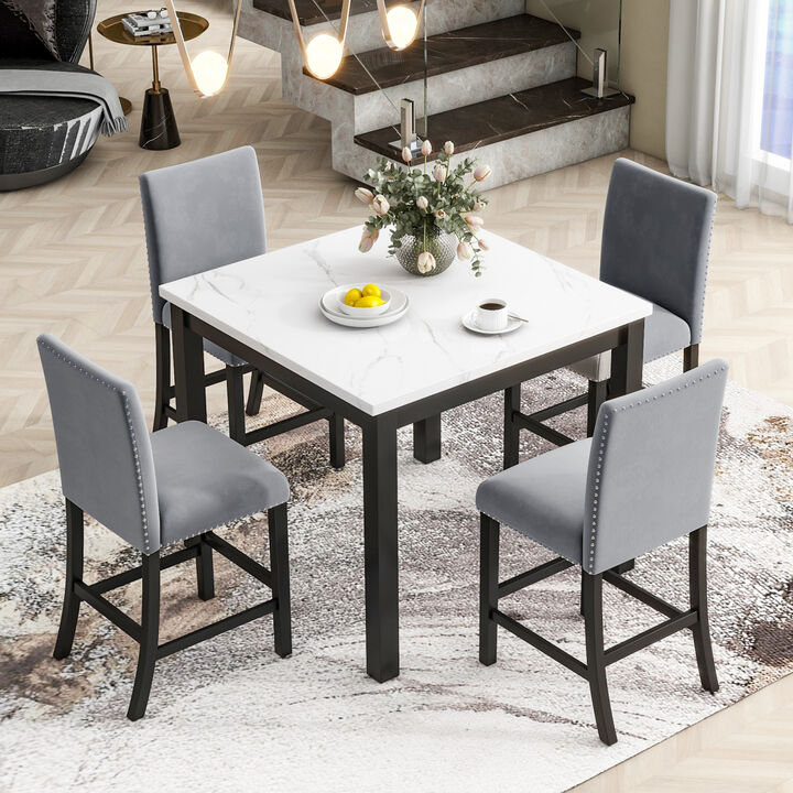 5piece Counter Height Dining Table Set with One Faux Marble Top Dining Table and Four Velvet Upholstered Chairs, Grey