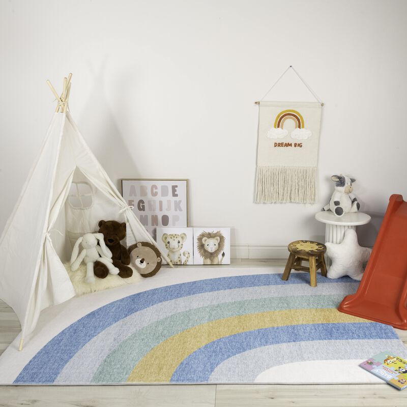 Soft Steps Playtime Rainbow Light Blue Ivory Soft Indoor Area Rug