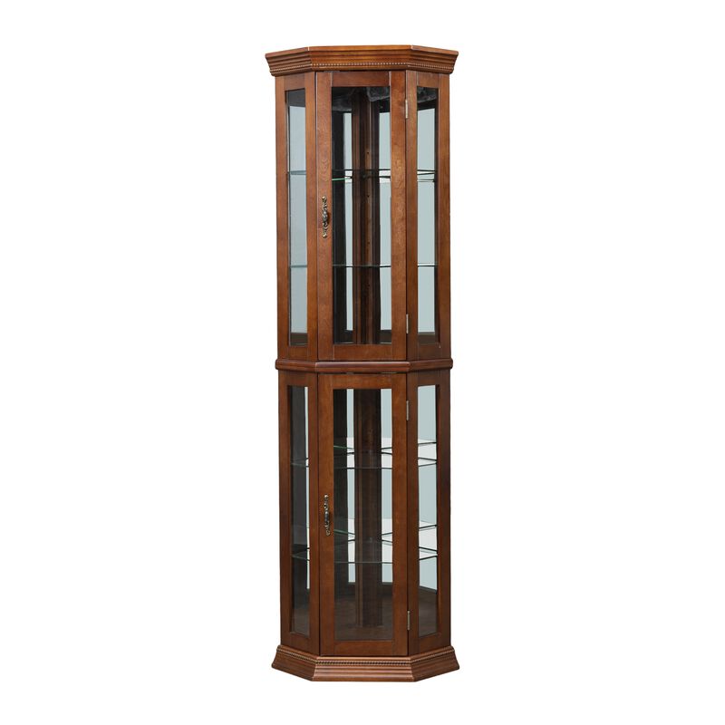 Corner Curio Cabinet with Lights, Adjustable Tempered Glass Shelves, Mirrored Back, Display Cabinet,Walnut (E26 light bulb not included)