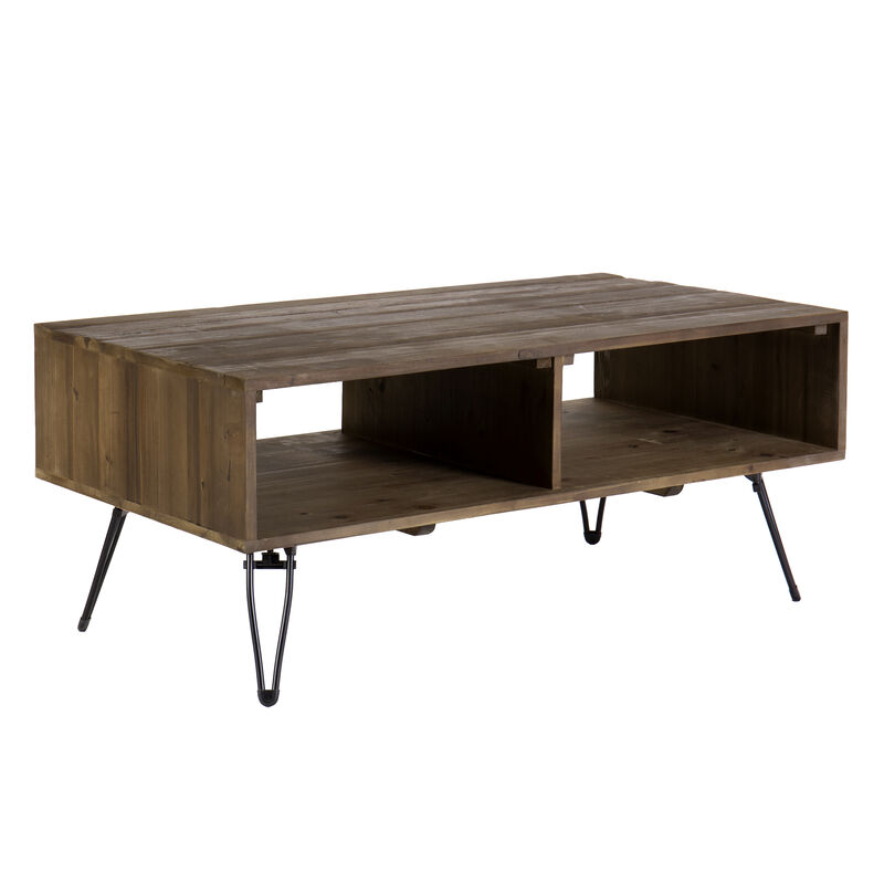 Betsy 42 Inch Reclaimed Wood Rectangle Farmhouse Coffee Table With Storage, Iron Legs, Natural Brown-Benzara