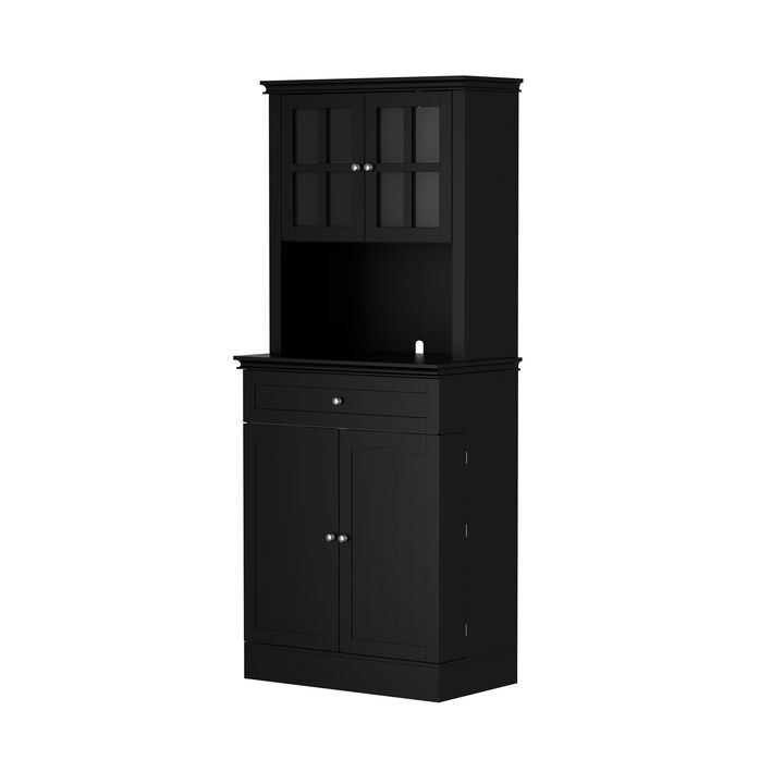 Black Painted Accent Storage Cabinet, Sideboard with Framed Transparent Doors, Drawer, Adjustable Shelves and Hutch