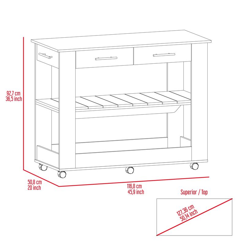 Cala Kitchen & Dining room Island 46,  Six Casters, Two Drawers, Lower Open Shelf  -White / Light Oak