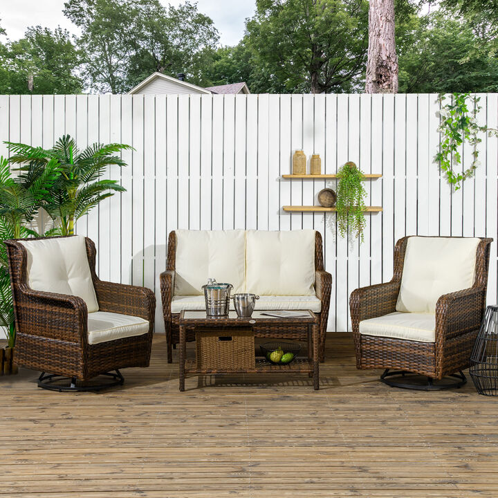 Wicker Patio Furniture Set w/ 360° Swivel & Rock Function Chairs, Cream White