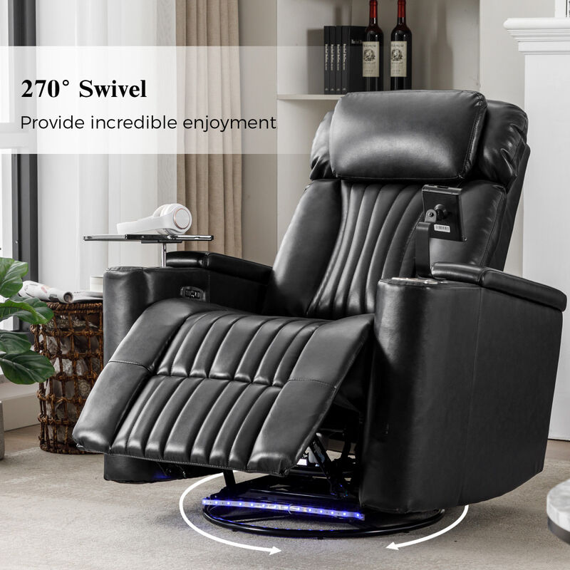 270  Power Swivel Recliner, Home Theater Seating With Hidden Arm Storage and LED Light Strip, Cup Holder,360  Swivel Tray Table, and Cell Phone Holder, Soft Living Room Chair, Black