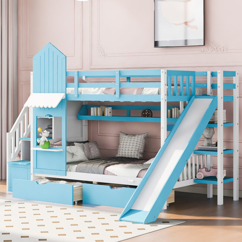 Twin Over Twin Castle Style Bunk Bed with 2 Drawers 3 Shelves and Slide Blue