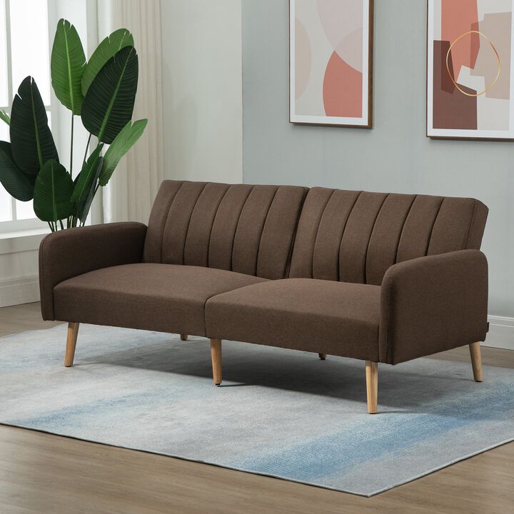 Two Seater Sofa Bed, Convertible Futon Couch Bed, Linen Upholstered Loveseat with Adjustable Backrest for Small Spaces, Living Room, Brown