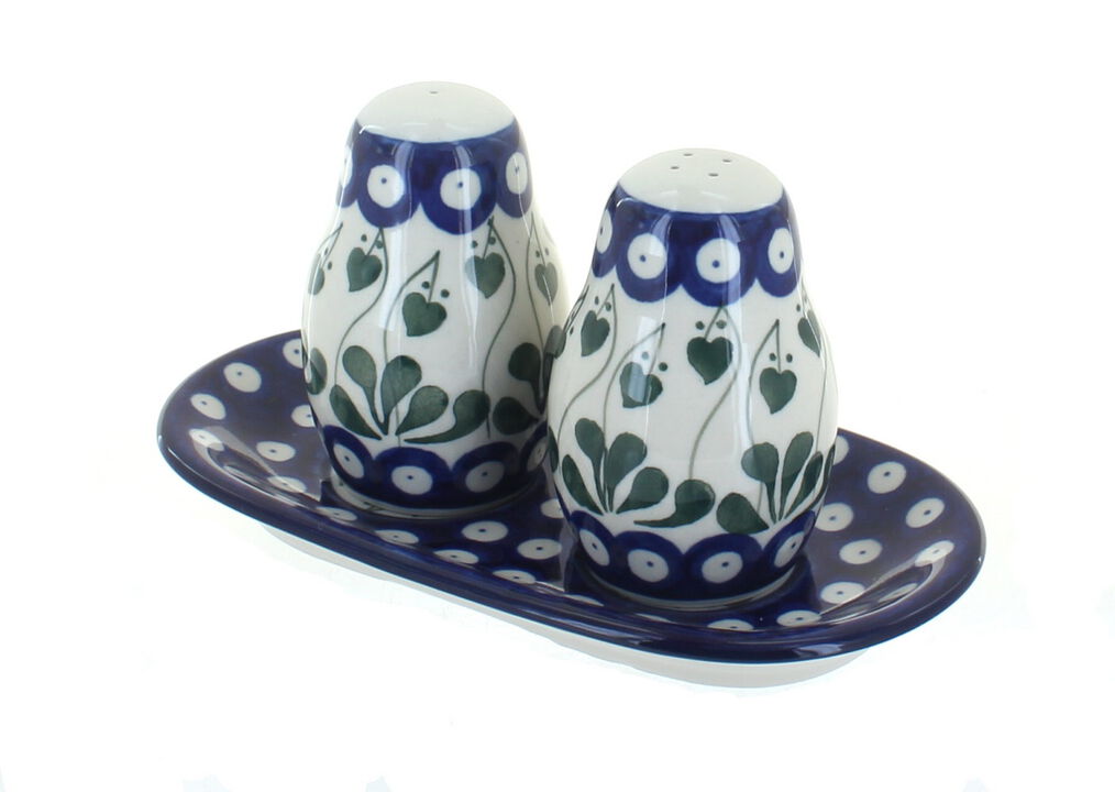 Blue Rose Polish Pottery Harvest Bounty Salt & Pepper Shakers with Tray