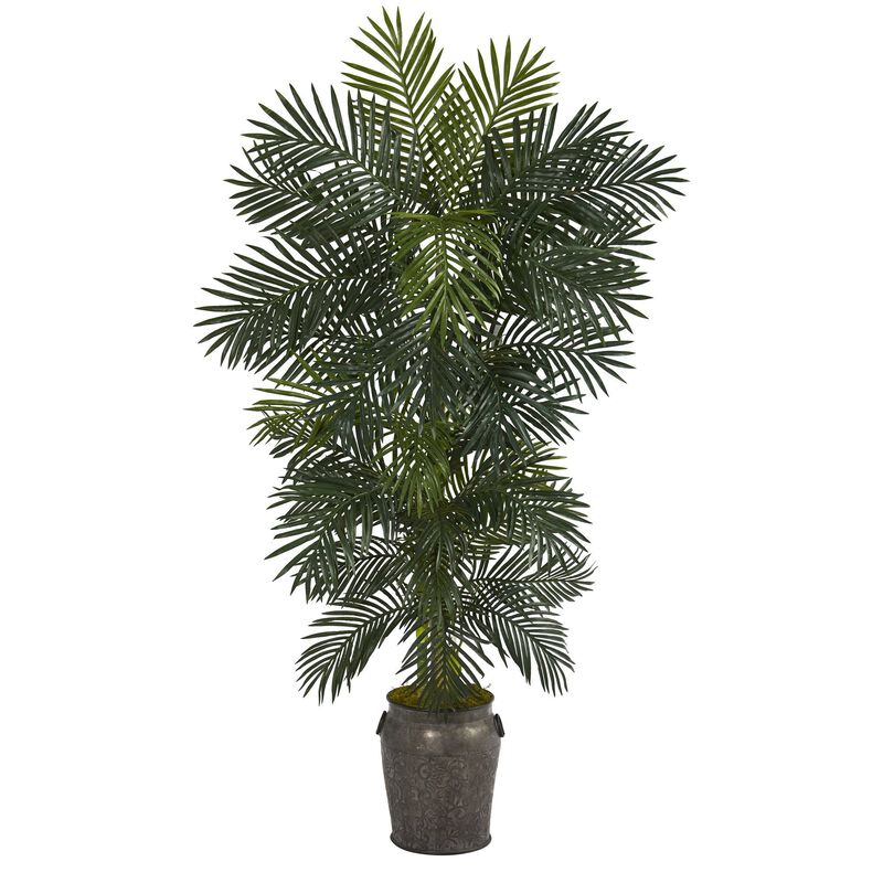 Nearly Natural 6.5-in Golden Cane Artificial Palm Tree in Metal Planter