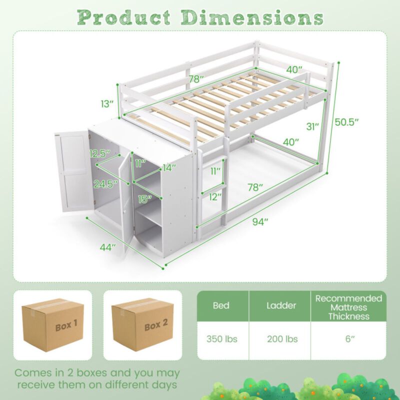 Twin Size Bunk Bed with Convertible Bookcase and Ladder