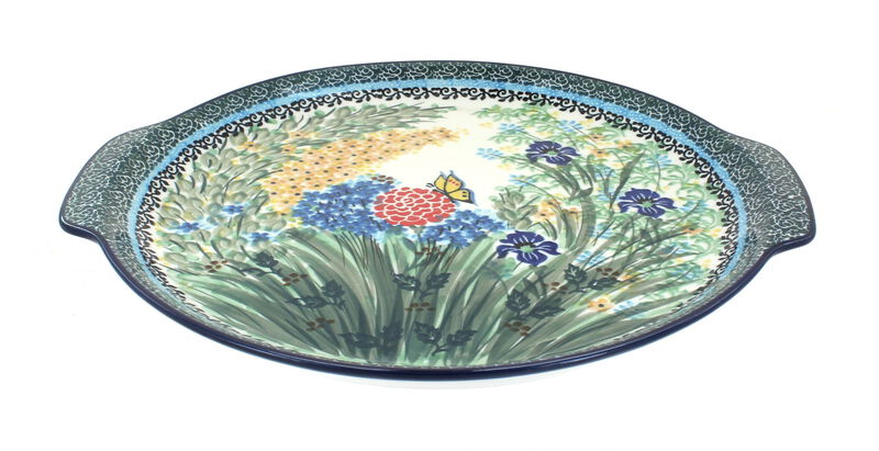 Blue Rose Polish Pottery Peacock Swirl Round Serving Tray with Handles