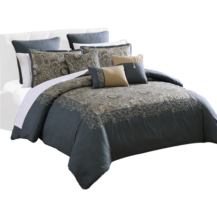 Zoe 10 Piece King Size Comforter Set, 3 Pillows, Bed Skirt, Blue, Gold - Benzara