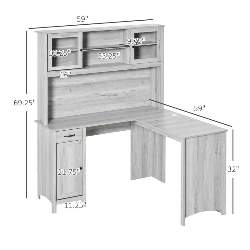 Grey Study Workstation: Table with Hutch, Drawers, and Storage Cabinets, Organized Space for Home Office
