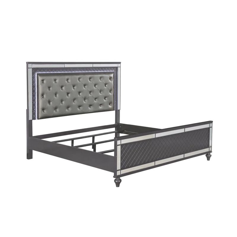 Benjara Reff Queen Size Bed, Button Tufted Fabric Upholstery, Modern Wood, Gray and Silver