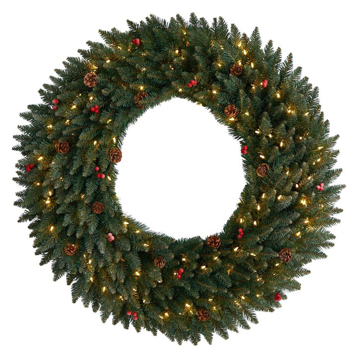 Nearly Natural Large Flocked Artificial Christmas Wreath with Pinecones, Berries, Clear LED Lights and Bendable Branches