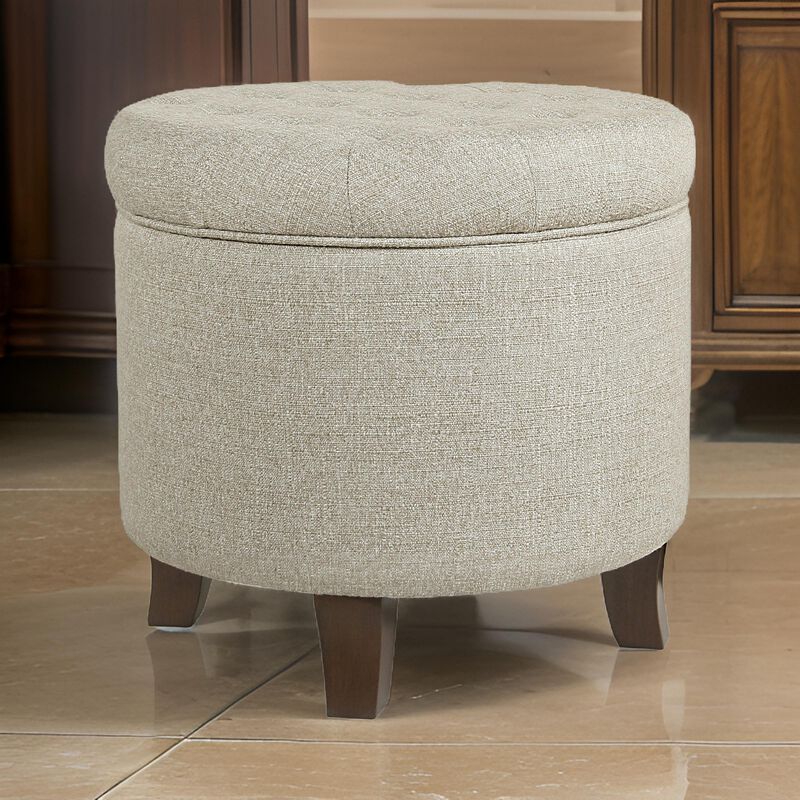 Textured Woven Fabric Upholstered Round Ottoman with Lift Top Storage, Beige and Brown - Benzara