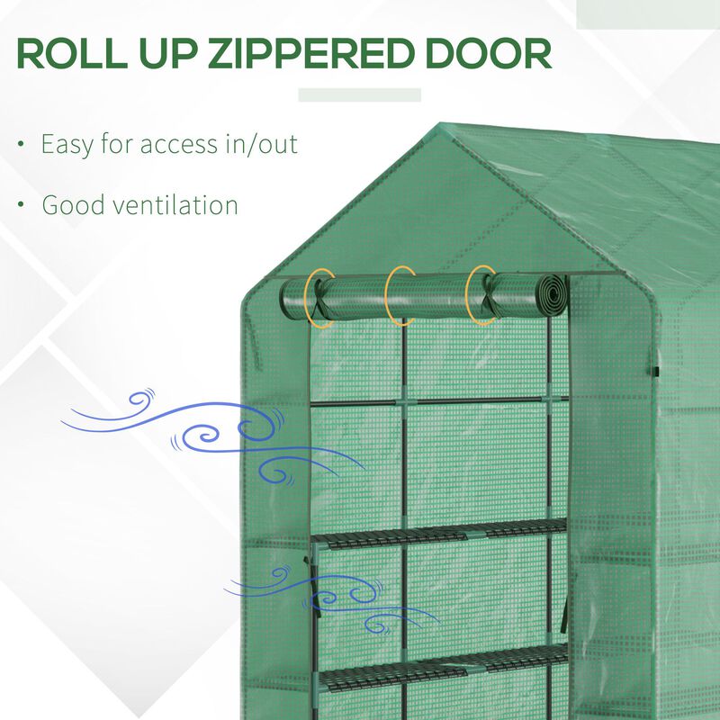 Outsunny 7' x 5' x 6.5' Walk-in Greenhouse, PE Cover, 3-Tier Shelves, Steel Frame Hot house, Roll-Up Zipper Door for Flowers, Vegetables, Saplings, Tropical Plants, Green