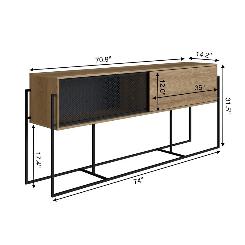 Kybele  Sideboard Console Table Black Iron Legs  and Sliding Door -Coastal Oak
