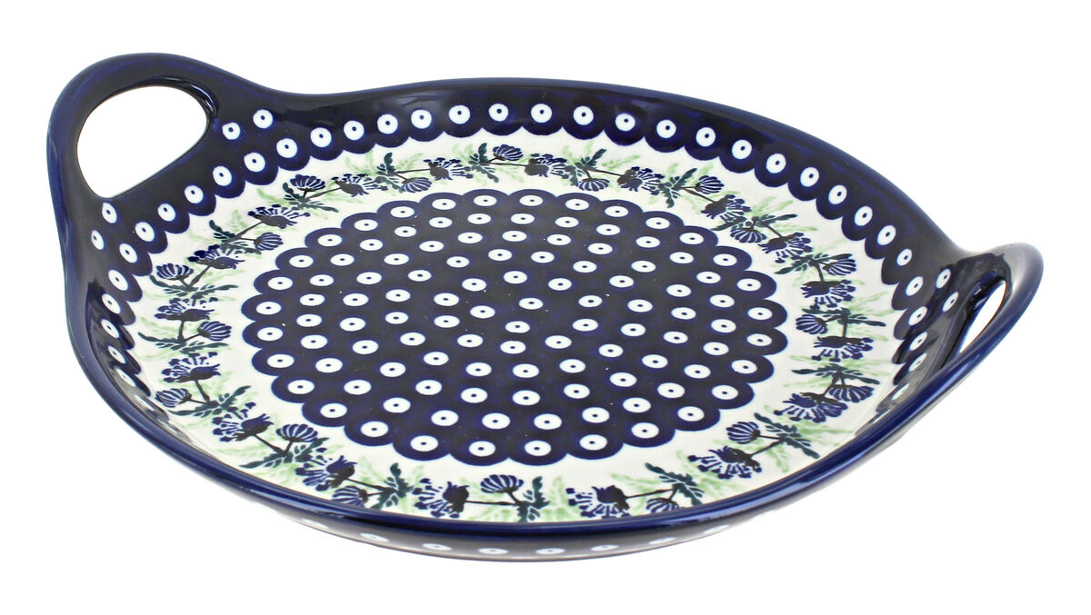 Blue Rose Polish Pottery Blue Tulip Round Serving Tray with Handles