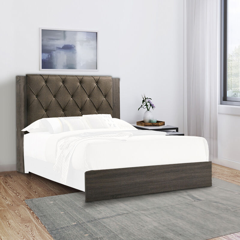 Wooden Queen Bed with Button Tufted Upholstered Headboard, Gray and Brown-Benzara