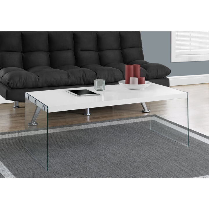 Monarch Specialties I 3286 Coffee Table, Accent, Cocktail, Rectangular, Living Room, 44"L, Tempered Glass, Laminate, Glossy White, Clear, Contemporary, Modern