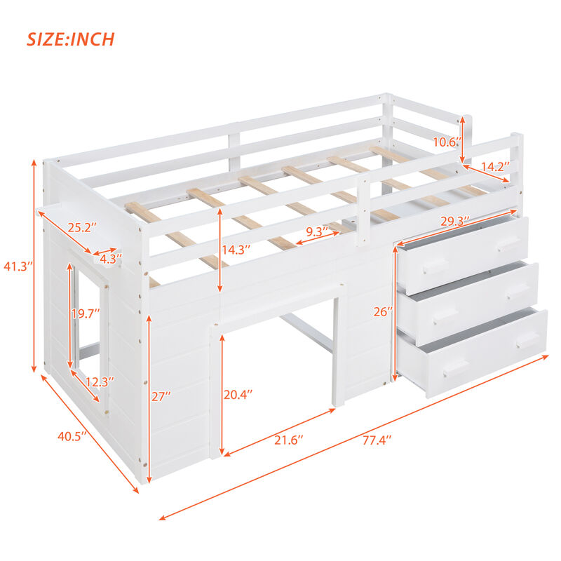 Twin Size Loft Bed with Cabinet and Shelf - Gray