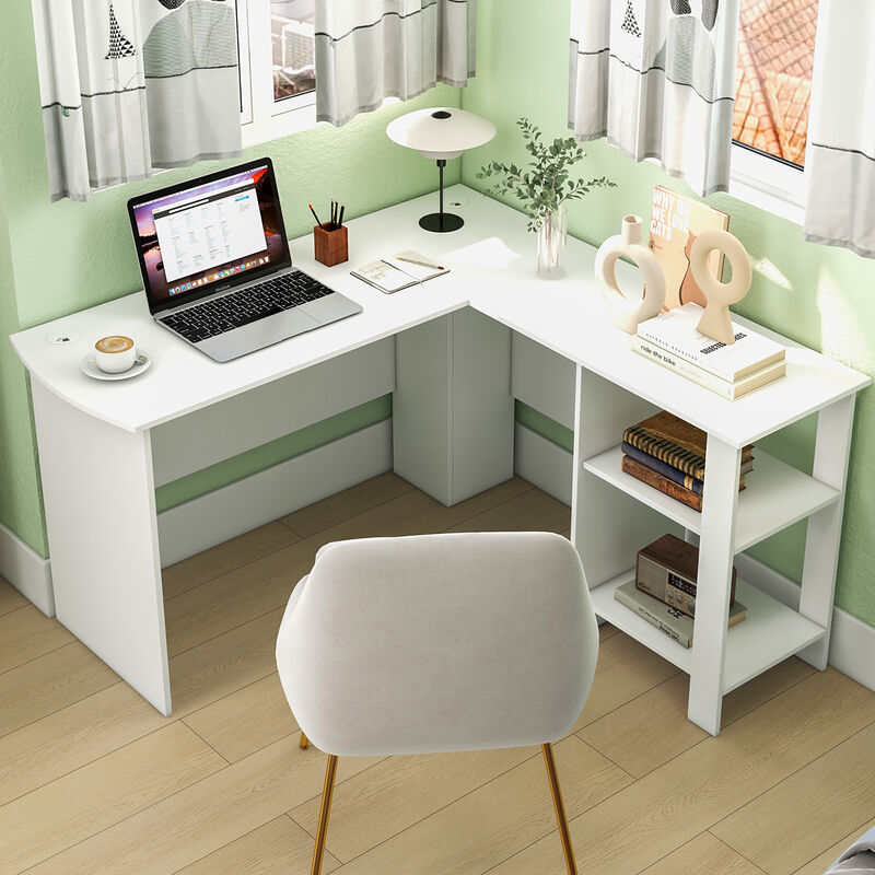 Costway L-shaped Corner Computer Desk Home Office Writing Workstation with Storage Shelves White