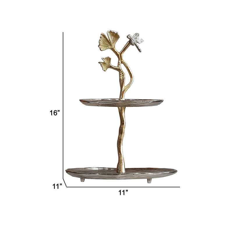 16 Inch Elegant Accent Table, 2 Tier Aluminum Cherry Blossom, Gold, Silver - Benzara