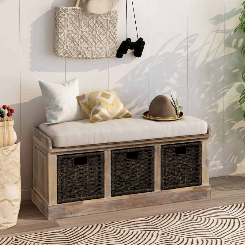 Rustic Storage Bench With 3 Removable Classic Rattan Basket, Entryway Bench