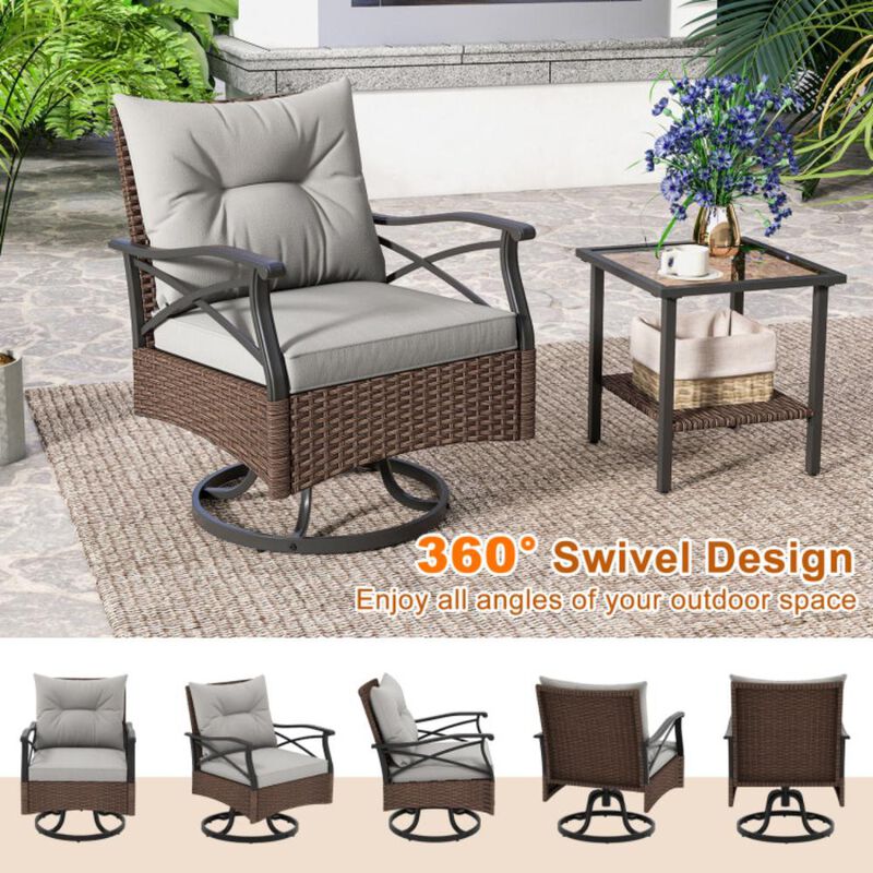 Hivvago 3 Pieces Outdoor Swivel Rocking Chairs Set with 2-Tier Tempered Glass Side Table