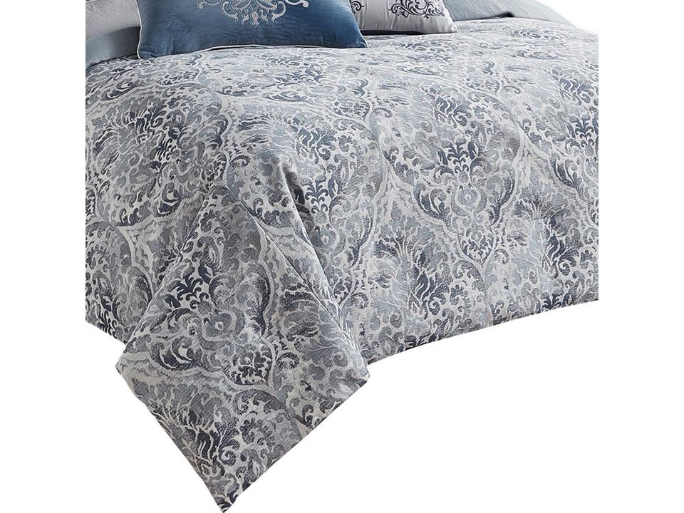 10 Piece King Polyester Comforter Set with Damask Prints, Blue and Gray - Benzara