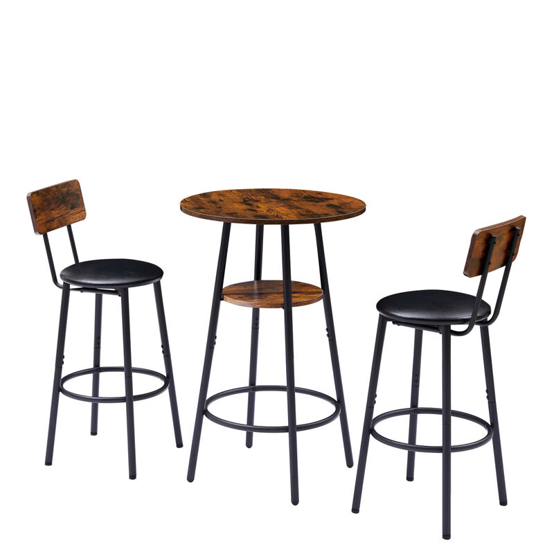 Round Barstool set with shelf, upholstered stool with backrest, Rustic Brown, 23.62" W x 23.62" D x 35.43" H