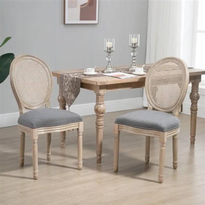 Set of 2 Vintage Upholstered Armless Rattan Back Dining Chairs Grey Wash