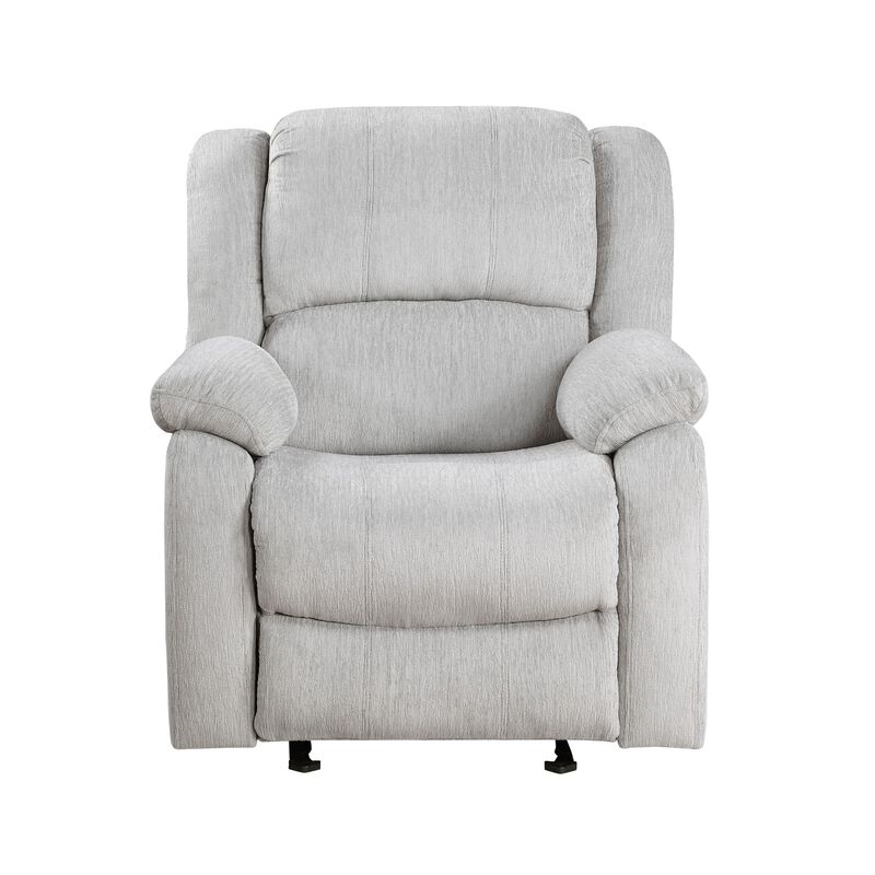 Chris 38 Inch Manual Glider Recliner Chair, Solid Wood, Light Gray Chenille - Benzara