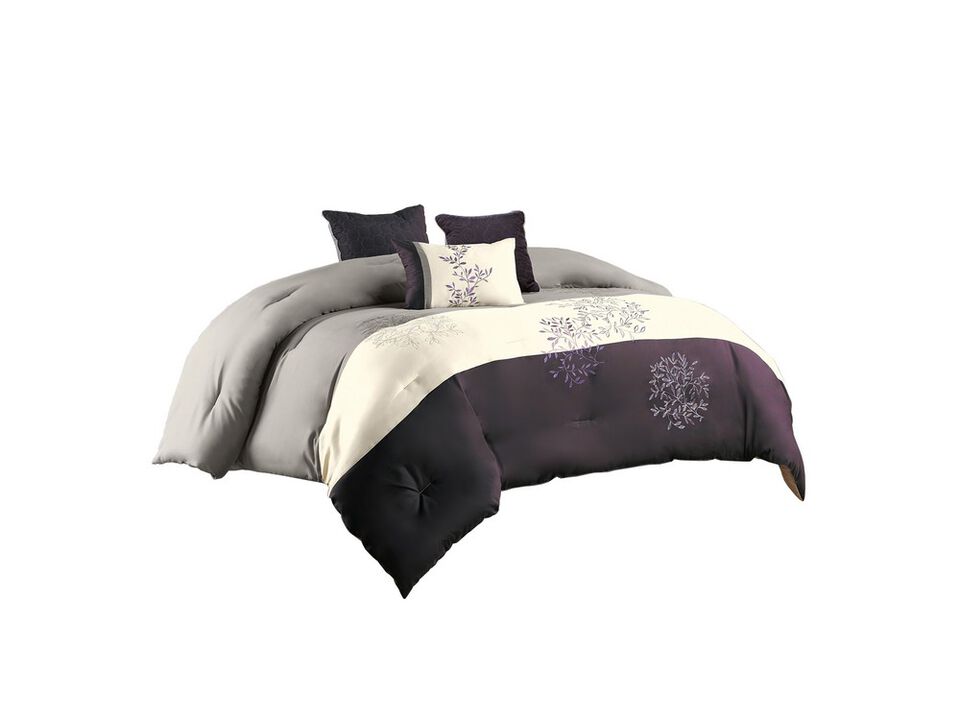 7 Piece Queen Polyester Comforter Set with Leaf Embroidery, Gray and Purple - Benzara