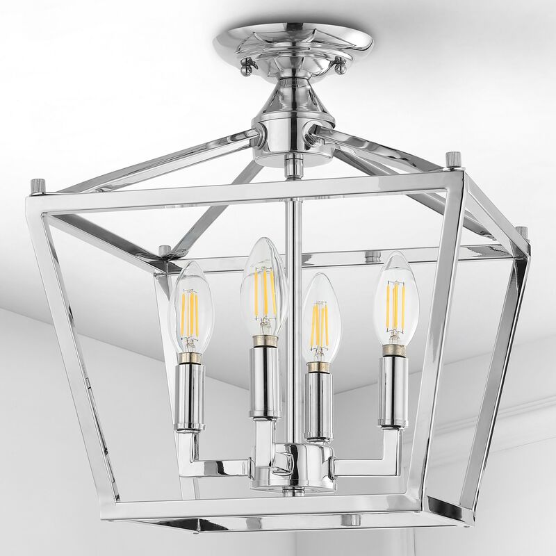 Plains Mini Lantern 12" 4-Light Iron Modern Farmhouse LED Flush Mount, Chrome